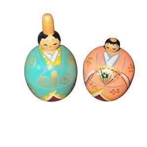 Vintage Handmade Wooden Round kokeshi couple 2 Japanese Darums Dolls Figurines